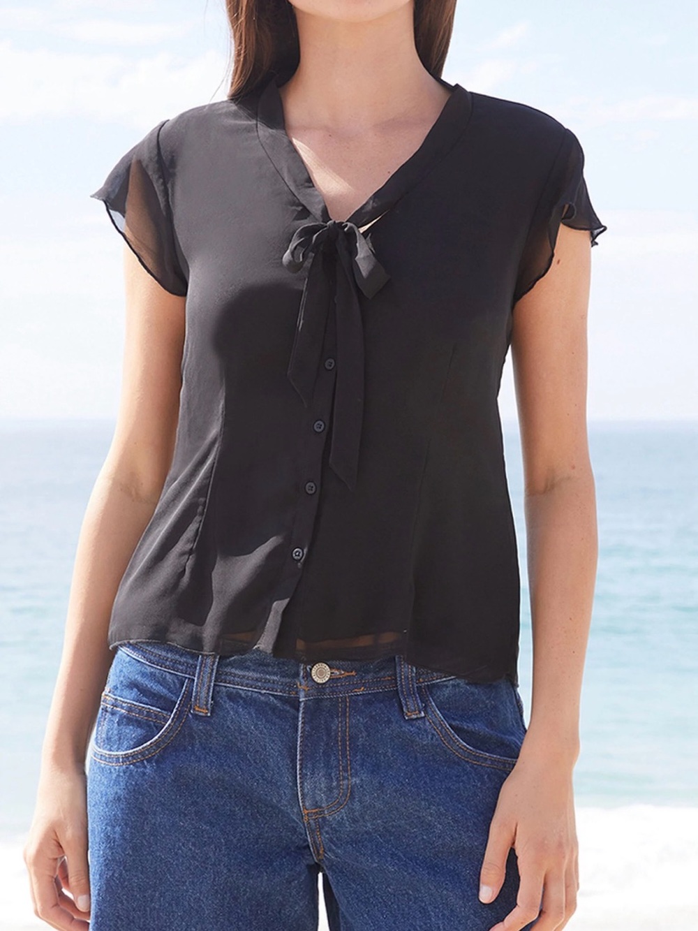 Brandy Melville Sheer Tie-Neck Black Blouse